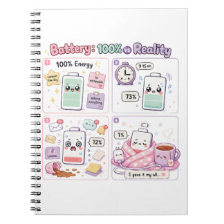 Battery 100% vs Reality Funny Low Battery Kawaii Notebook
