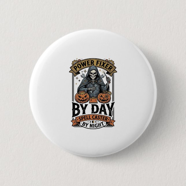 Battery Repair Witch Funny Halloween Technician Sh Button (Front)