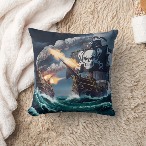 Battle Between Pirate Ship and Naval Vessel at Sea Throw Pillow