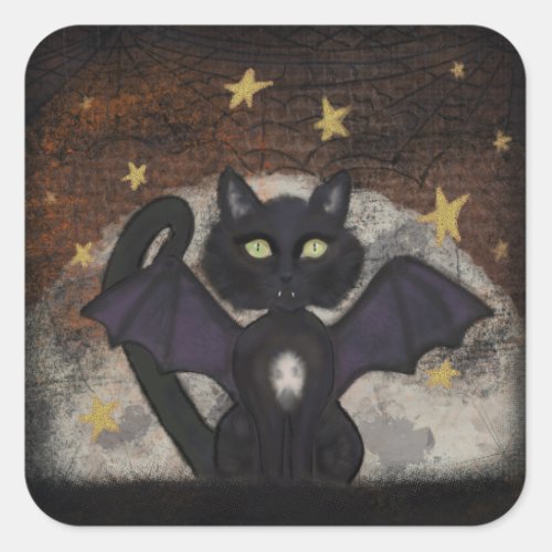 Batty Cat Halloween Illustration  Square Sticker