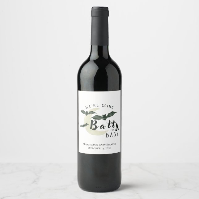 Batty for Baby Fall Moon Halloween Baby Shower Wine Label (Front)