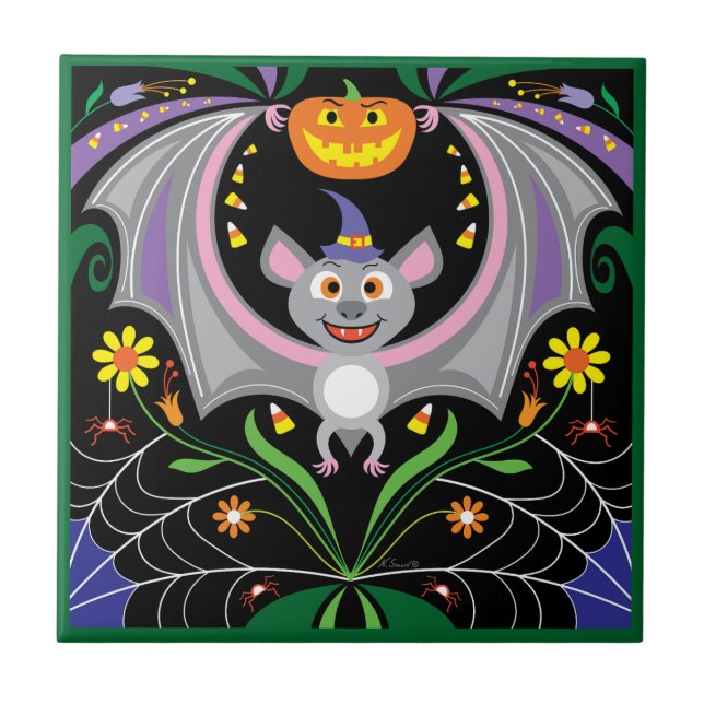 Batty Midnight Pumpkin Patch Ceramic Tile (Front)