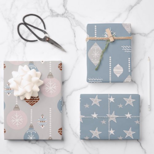 Bauble and Christmas Stars Neutral Palate Wrapping Paper Sheets