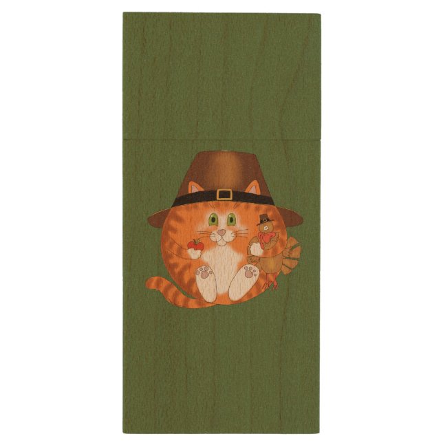 Bauble Cat Thanksgiving Wood USB Flash Drive (Back (Vertical))