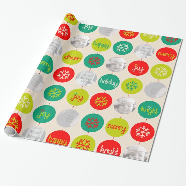 Bauble red green neutral pattern Christmas photo Wrapping Paper (Unrolled)