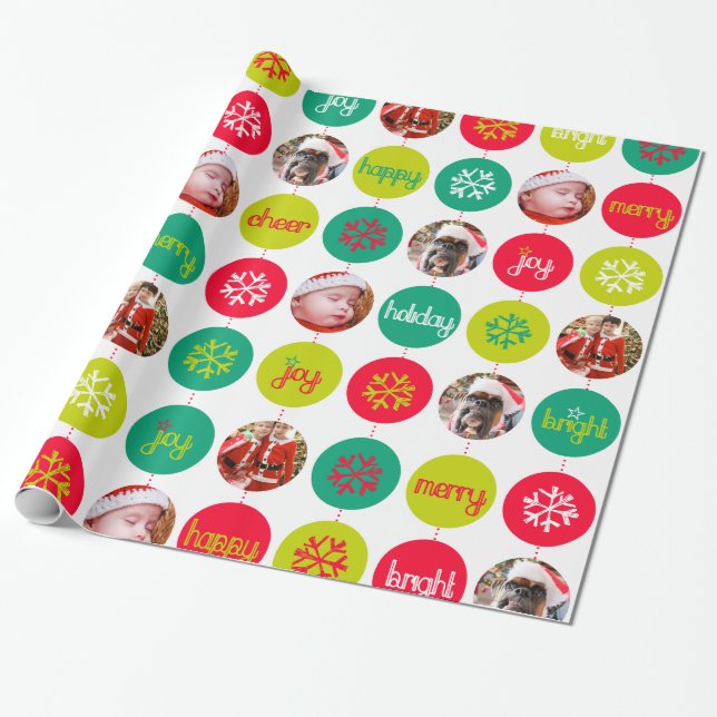 Bauble red green white pattern Christmas photo Wrapping Paper (Unrolled)