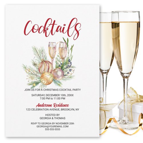 Baubles and Champagne Christmas Cocktail Party Invitation