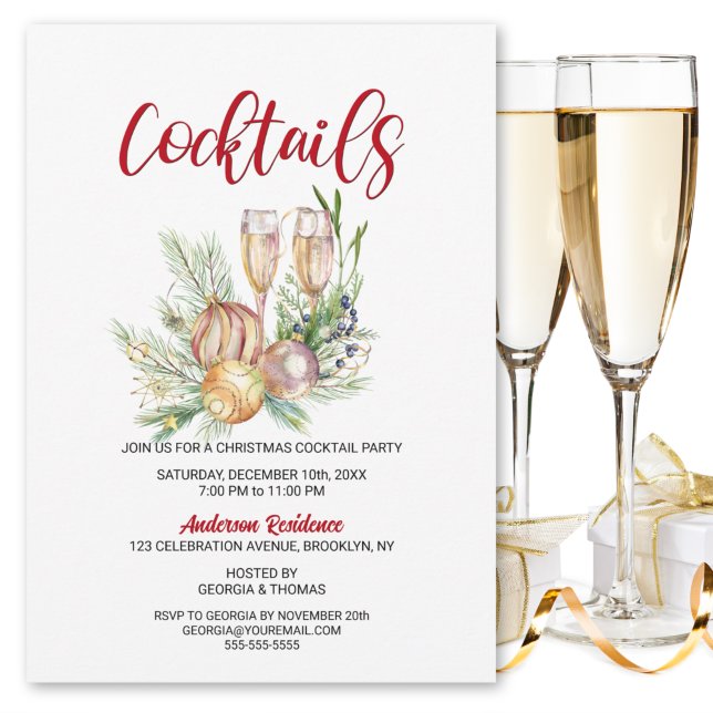 Baubles and Champagne Christmas Cocktail Party Invitation (Creator Uploaded)