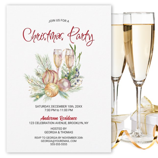 Baubles and Champagne Christmas Party Invitation (Creator Uploaded)