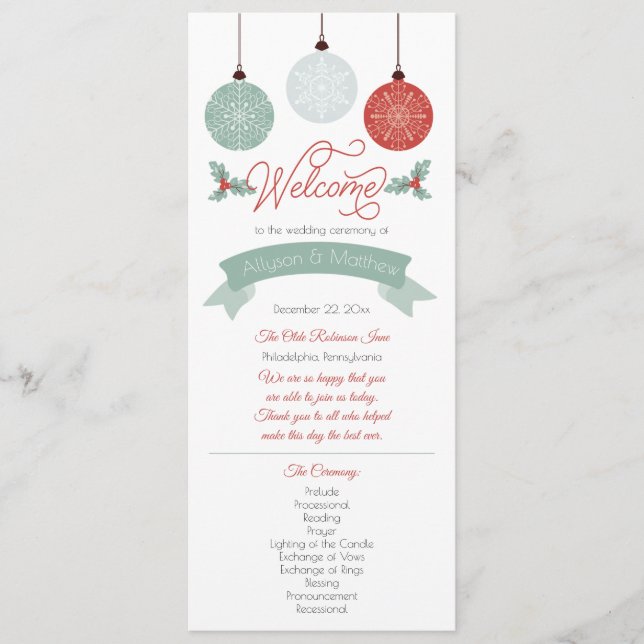 Baubles and Holly Christmas Holiday Wedding Program (Front)