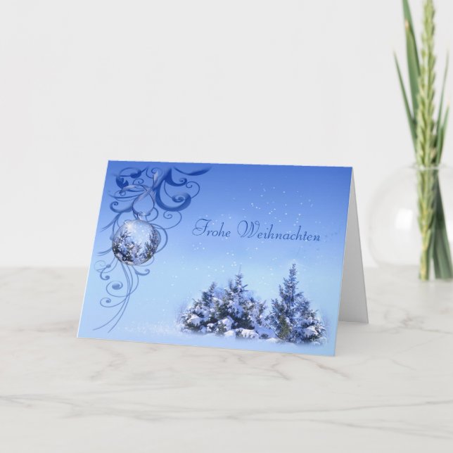 Baubles and snowy pine trees German Christmas Holiday Card (Front)