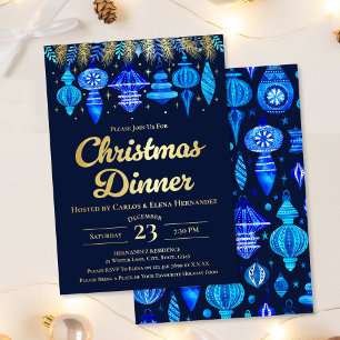 Baubles Christmas Dinner Watercolor Navy Blue Foil Invitation