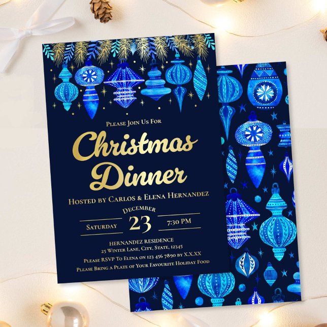 Baubles Christmas Dinner Watercolor Navy Blue  Foil Invitation (Baubles Christmas Dinner Watercolor Navy Blue Foil Invitation)