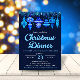 Baubles Christmas Dinner Watercolor Navy Blue Invitation