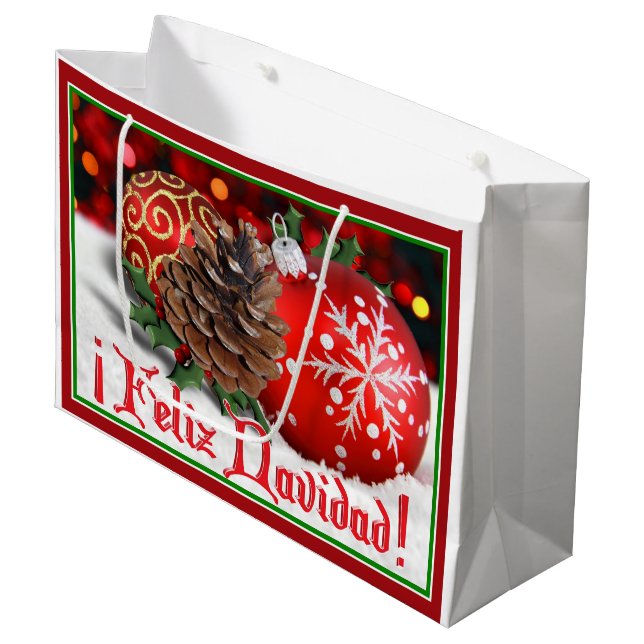 Baubles & Pine Cones - Feliz Navidad Large Gift Bag (Front Angled)