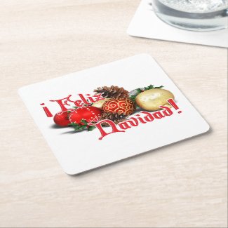 Baubles & Pine Cones - Feliz Navidad Square Paper Coaster