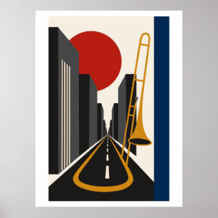 Bauhaus City & Trombone Art Minimalist Urban Jaz Poster