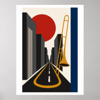 Bauhaus City & Trombone Art | Minimalist Urban Jaz Poster