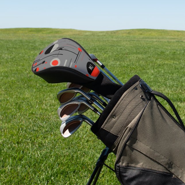 Bauhaus geometric shapes in black red on white golf head cover (In Situ)