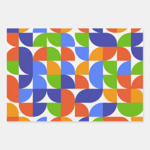 Bauhaus Mid Century Pattern Blue, Orange, Green Wrapping Paper Sheets