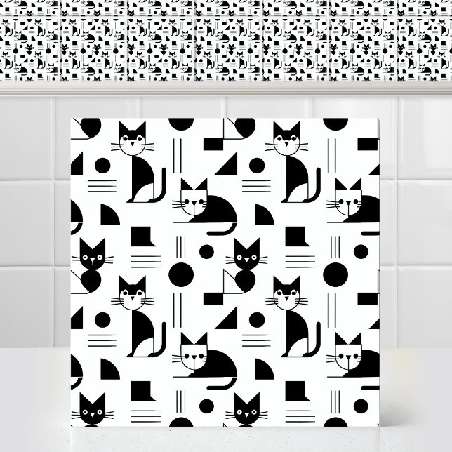 Bauhaus Minimalist Geometric Cat Repeating Pattern Ceramic Tile (Funny and Cute Modern Bauhaus Minimalist Geometric Cat Black and White Pattern Ceramic Tile)