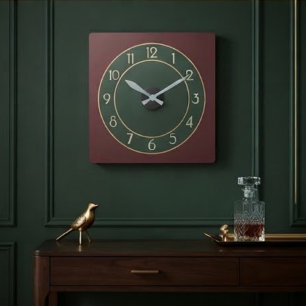 Bauhaus Red Green and Gold Minimalist Modernist  Square Wall Clock