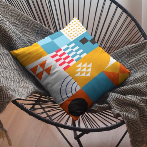 Bauhaus Style Geometric Blue and Gold Throw Pillow