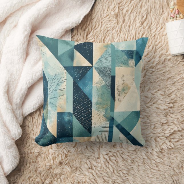 Bauhaus Style Geometric Sage and Blue Lumbar Throw Pillow (Blanket)