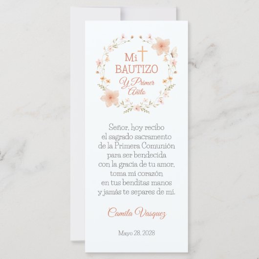 Bautism Favor Watercolor Pink Flowers Bookmark (Front)