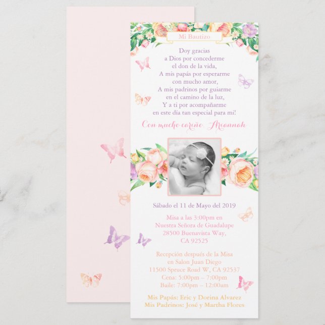 Bautismo Baptism 1st Birthday Party Butterflies Invitation (Front/Back)