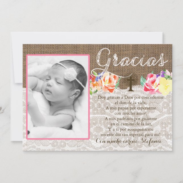 Bautismo Baptism thank you for Girl in Spanish Card (Front)