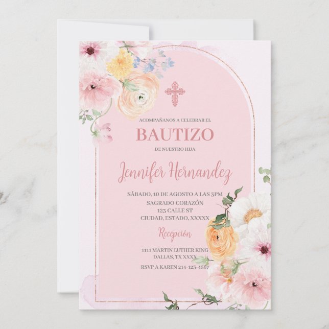 Bautismo color rosa con flores invitation (Front)