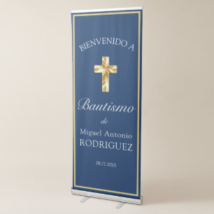 Bautismo de Bebé Azul Marino Dorado Bienvenido Retractable Banner