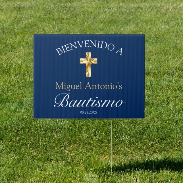 Bautismo de Bebé Azul Marino Dorado Bienvenido Sign (Insitu)