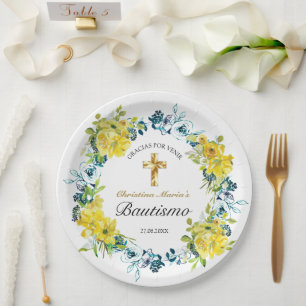 Bautismo de Niña Bonita Cruz Floral Amarillo Class Paper Plates