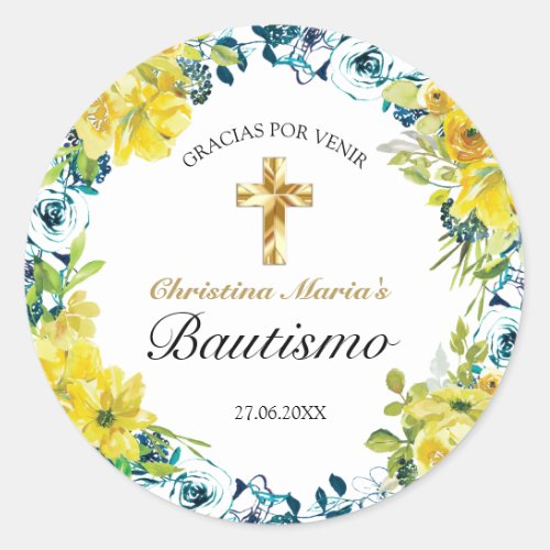 Bautismo de Nia Bonita Cruz Floral Amarillo Classic Round Sticker