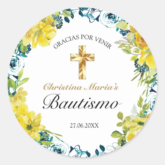 Bautismo de Niña Bonita Cruz Floral Amarillo Classic Round Sticker (Front)