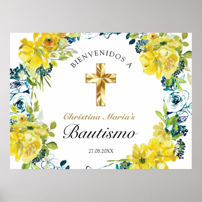 Bautismo de Niña Bonita Cruz Floral Amarillo  Poster (Front)