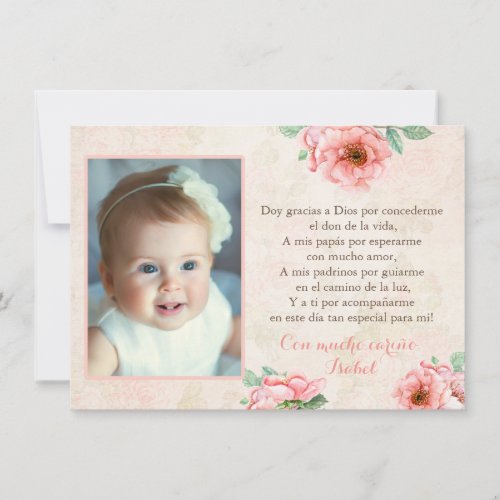 Bautismo Spanish Baptism Thank you Card with Photo