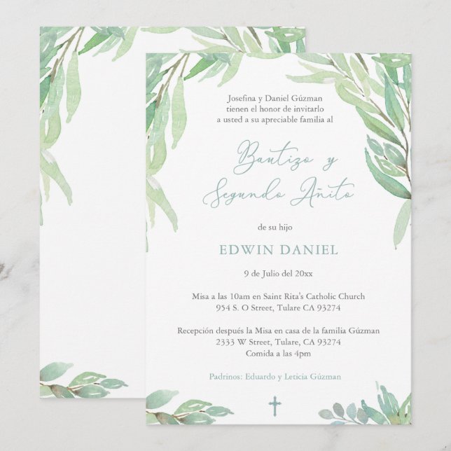 Bautizo 2do Año, Boy Baptism 2nd Birthday Spanish Invitation (Front/Back)