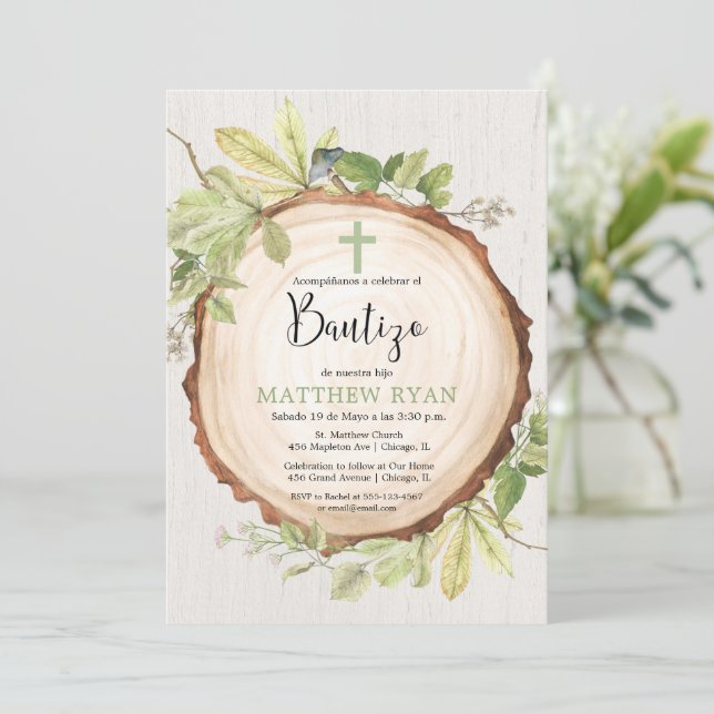 Bautizo baptism spanish language rustic boy invitation (Standing Front)