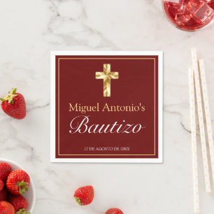 Bautizo Bebé Niño Cruz Borgoña Oro Napkins