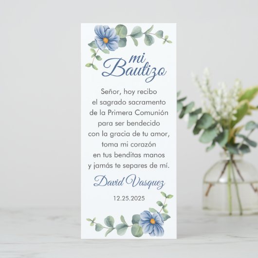 Bautizo Bookmark Favor Green Leaves Blue Flowers (Standing Front)