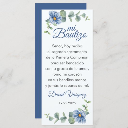 Bautizo Bookmark Favor Green Leaves Blue Flowers (Front/Back)
