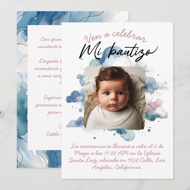 Bautizo con foto Spanish Watercolor Invitation (Front/Back)