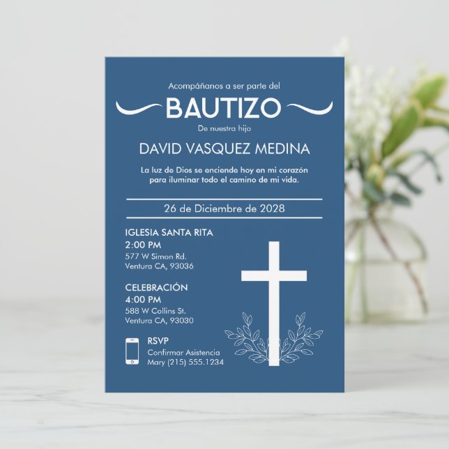 Bautizo Cute Baby Baptism Spanish Cross and Leaves Invitation (Standing Front)