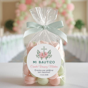 Bautizo Cute Pink Roses and Leaves Spanish Baptism Classic Round Sticker
