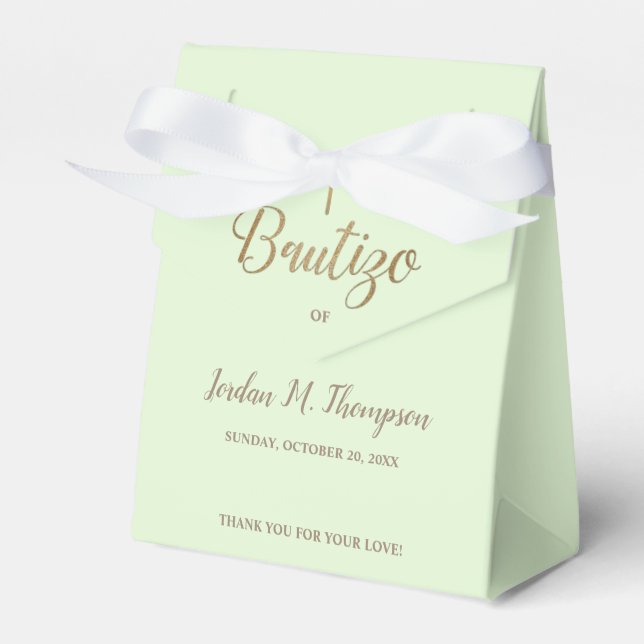 Bautizo Green Gold Cross Spanish boy baptism Favor Boxes (Front Side)