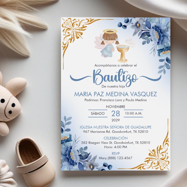 Bautizo Invitacion BLUE Flowers Girl Angel Baptism Invitation (Creator Uploaded)