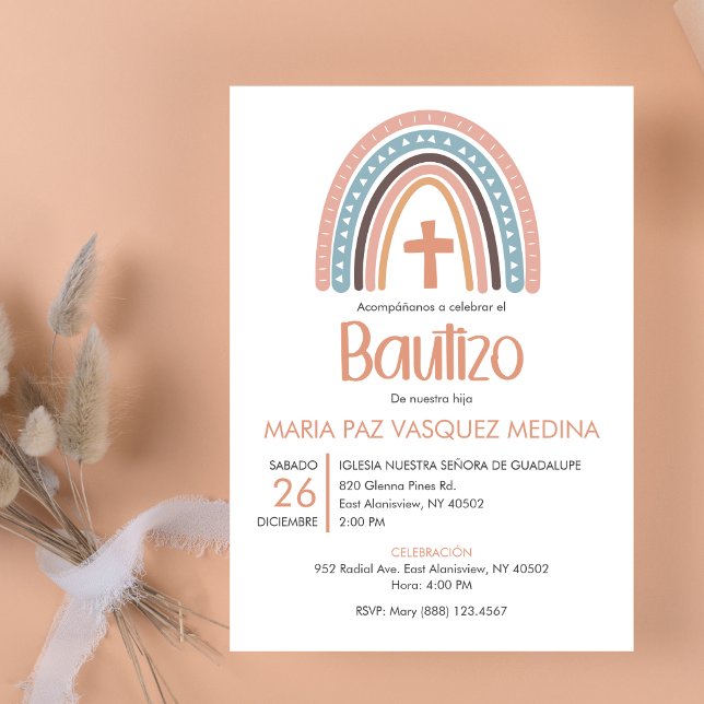 Bautizo Invitacion Catholic Pastel Rainbow Baptism Invitation (Creator Uploaded)